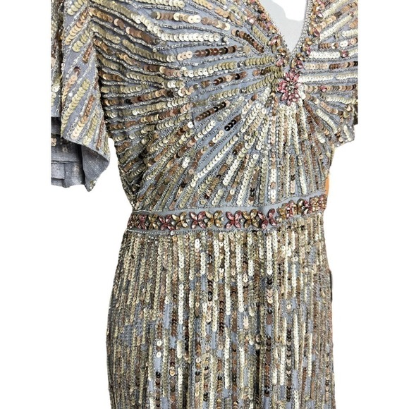 Mac Duggal Gown Silver Beaded Sequin‎ Dress Flutter Sleeves Size 8 NEW - Picture 6 of 12